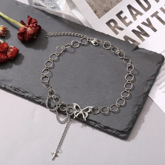 Butterfly Choker Pendant Drop Star Cross Round Chain Silvertone Boho 14"+ 2" ext - Picture 5 of 17